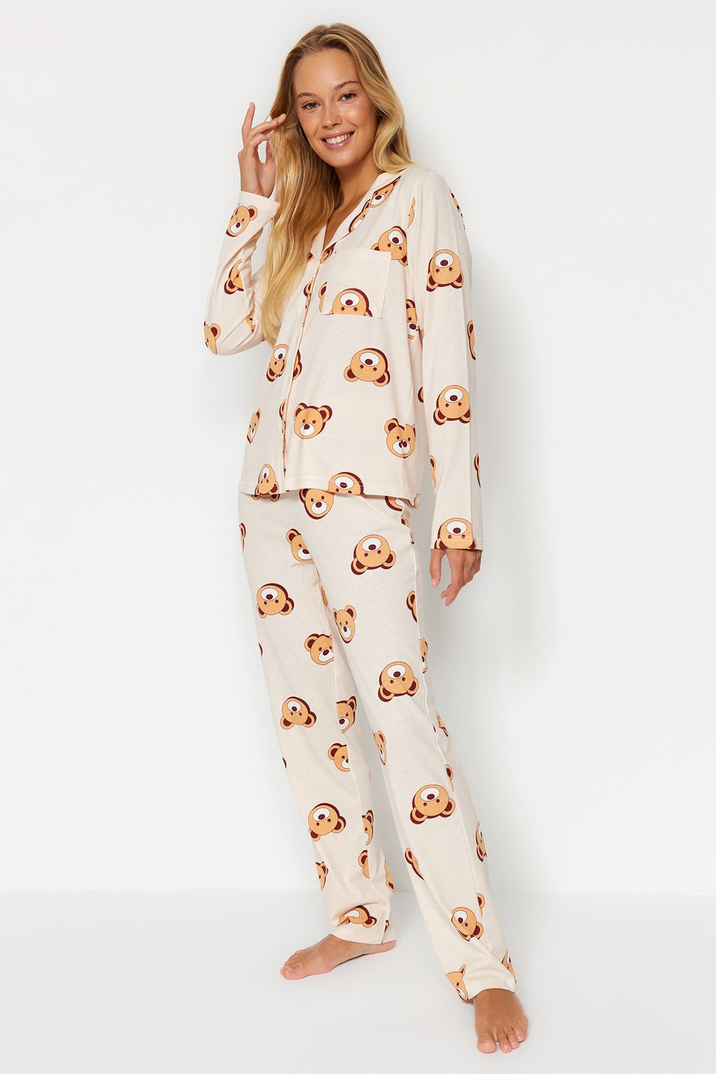 Trendyolmilla Ekru %100 Pamuklu Ay?c?kl? Gomlek-Pantolon Orme Pijama Tak?m? THMAW24PT00002 фото 10