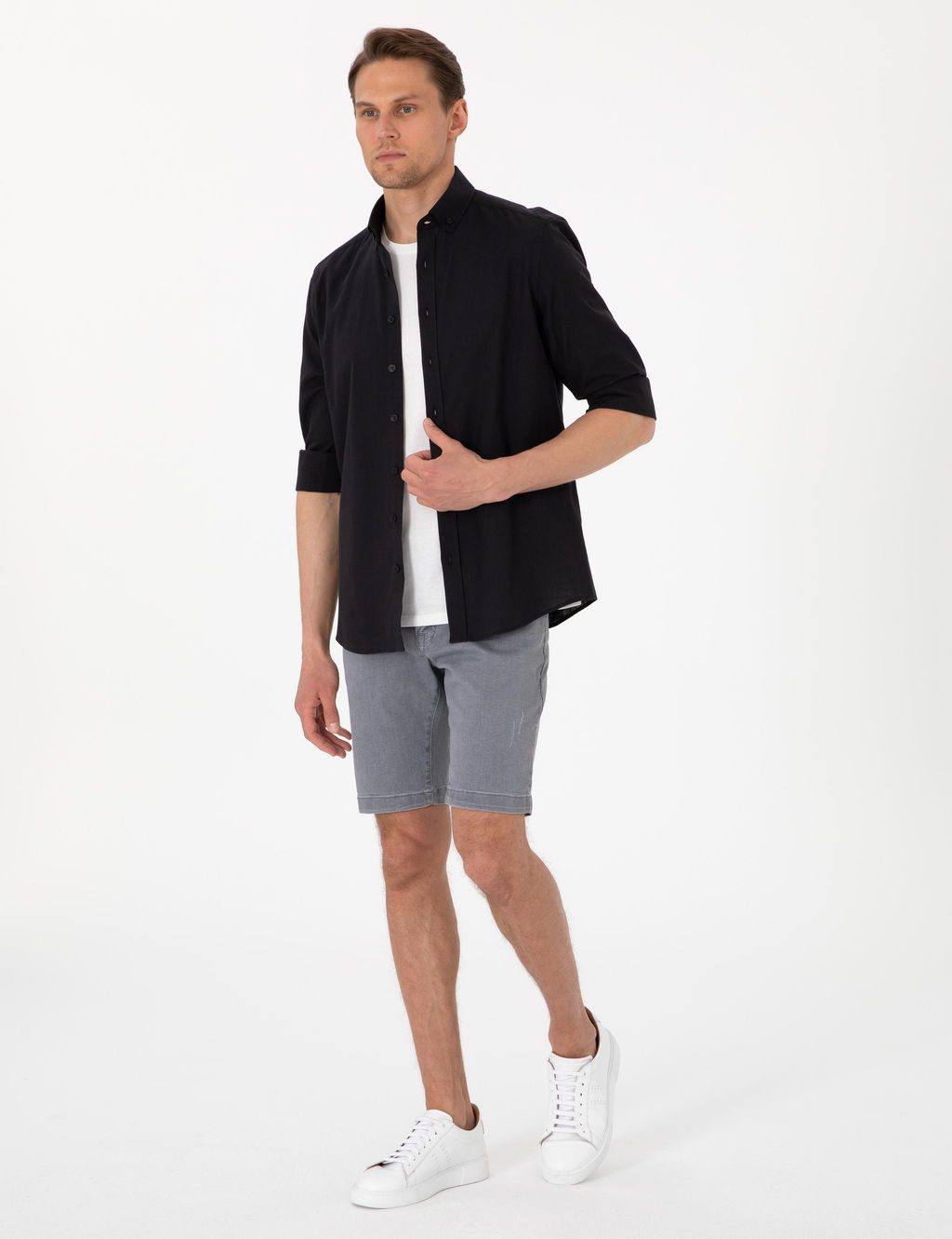 Siyah Keten G_r_n_ml_ Slim Fit Uzun Kollu G_mlek