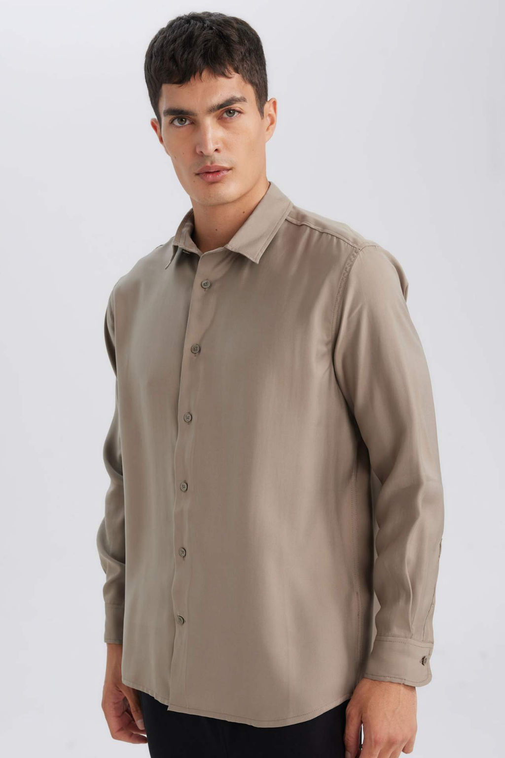 Relax Fit Polo Yaka Twill Modal Kar?s?ml? Basic Duz Uzun Kollu Gomlek - Defacto фото 3