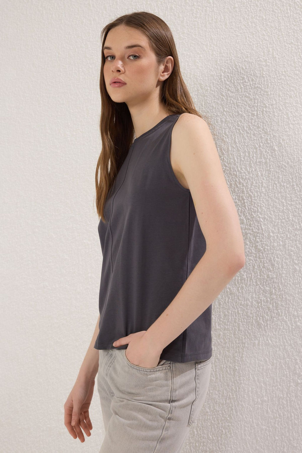 Antrasit %100 Pamuk Dikis Detayl? S?f?r Kol Bisiklet Yaka Orme Atlet TWOSS25AL00038