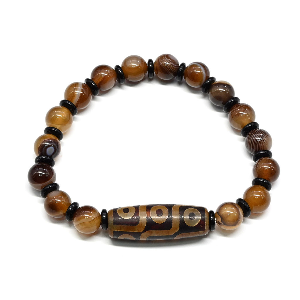 Браслет с бусиной Дзи Девять глаз бочонок 10*28мм с агатом шарик 10мм, 18см - Радуга камня фото 2