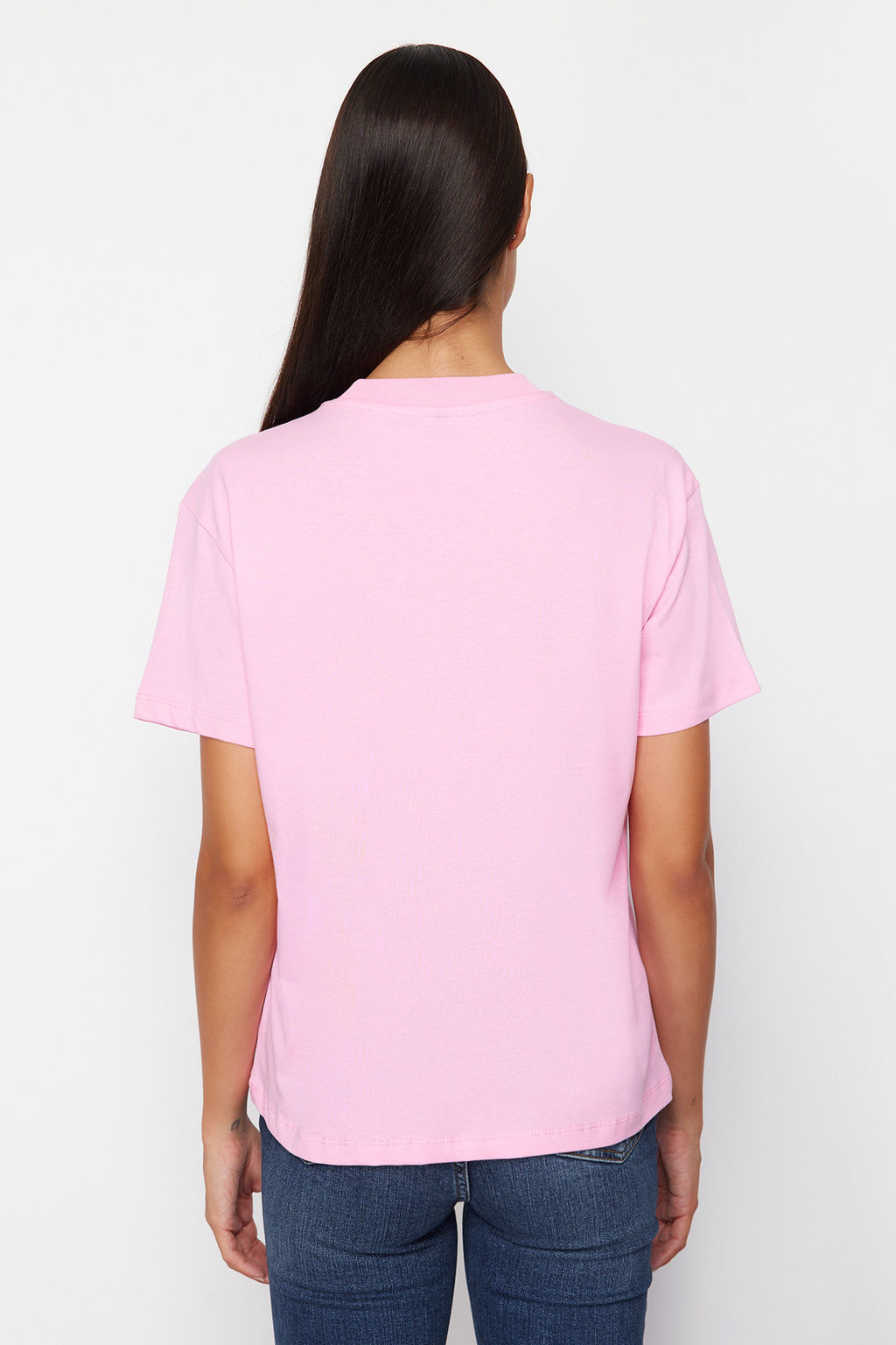 Pembe-Siyah 2li Paket %100 Pamuk Basic Dik Yaka Orme T-Shirt TWOSS20TS1500