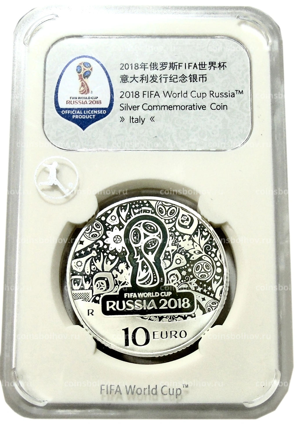 Монета 10 евро 2018 года Италия Чемпионат мира по футболу 2018, Россия (в слабе)