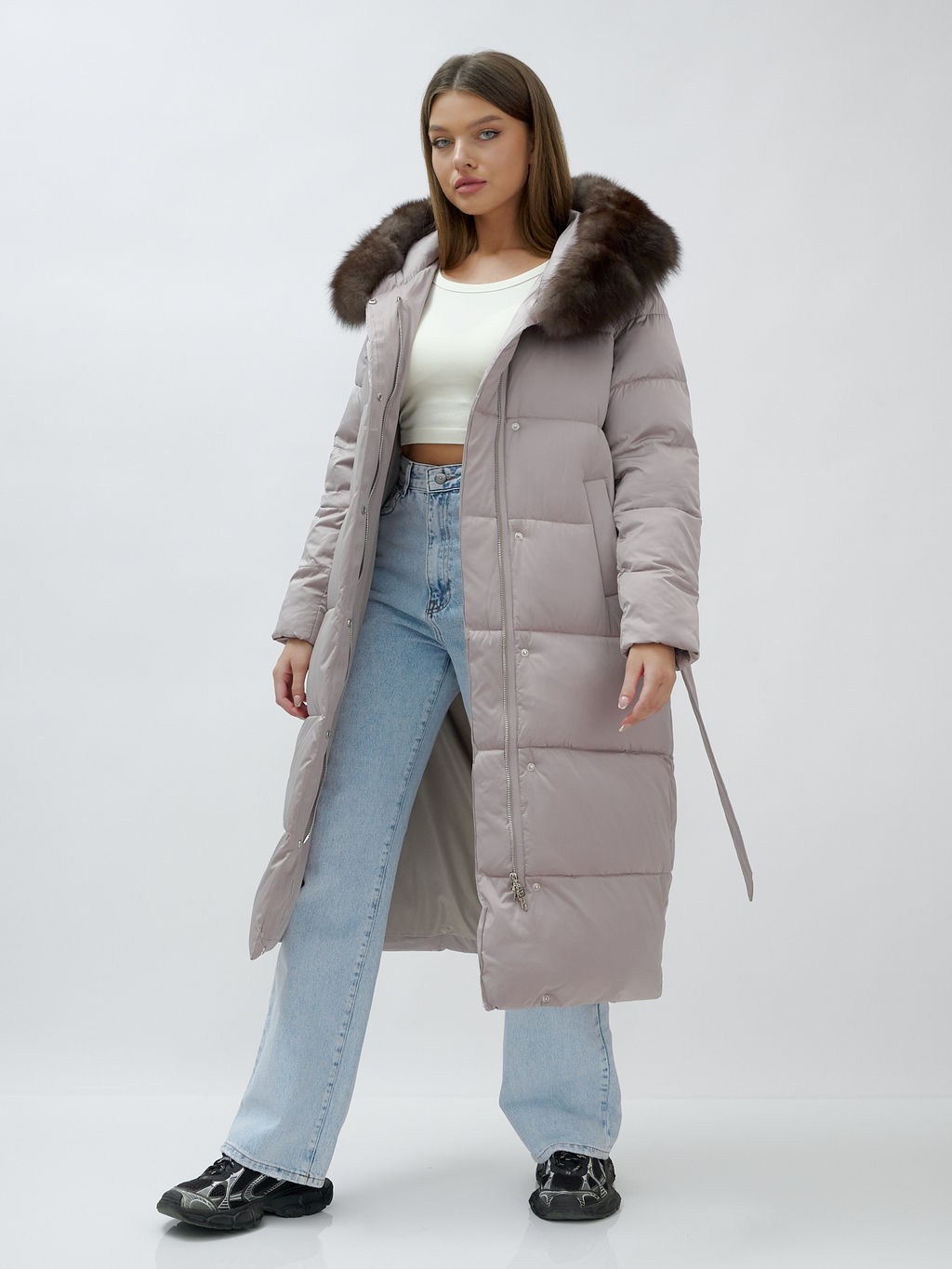 с мехом песец люкс класса Пальто зимние Бренд Visdeer, бежевого цвета  фото 19