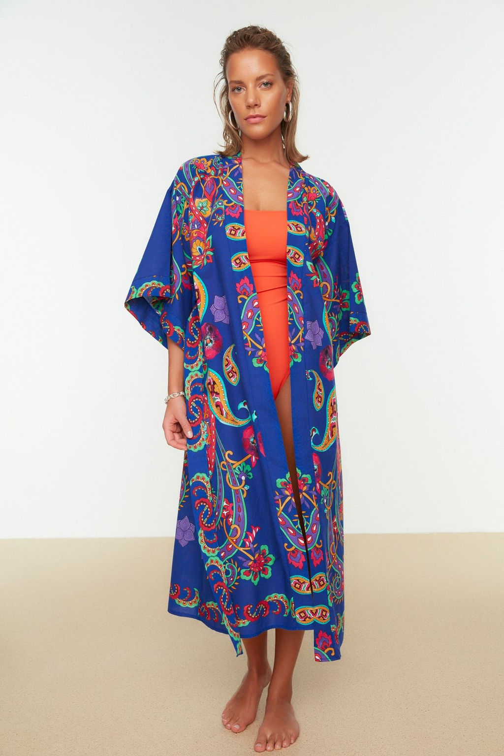 Etnik Desenli Kusakl? Midi Dokuma %100 Pamuklu Plaj Kimono&Kaftan TBESS22KM0023 - Trendyolmilla фото 5