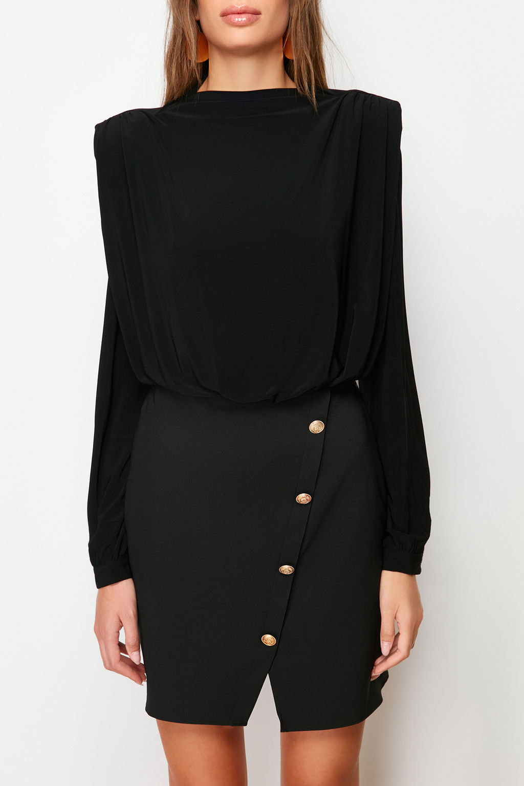 Siyah Vucuda Oturan Vatkal? Dugme Detayl? Mini Dokuma Elbise TWOAW24EL00483