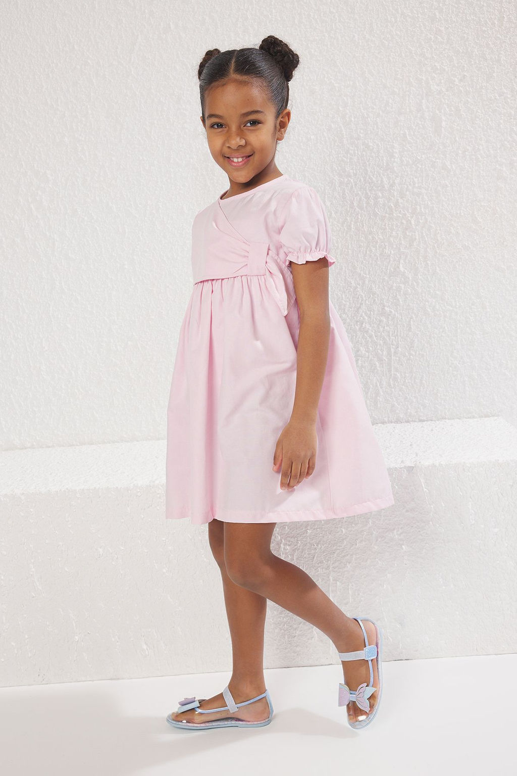Pembe K?z Cocuk Pamuklu Balon Kol Kruvaze Detayl? Mini Bayraml?k Dokuma Elbise TKDSS25EL00023