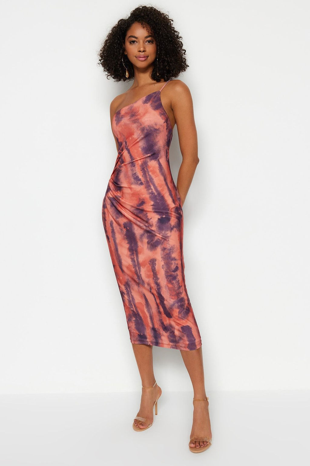 Bask??l? Vucuda Oturan Midi Tek Omuz Ayarlanabilir Ask?l? Orme Kalem Elbise TWOSS23EL01577