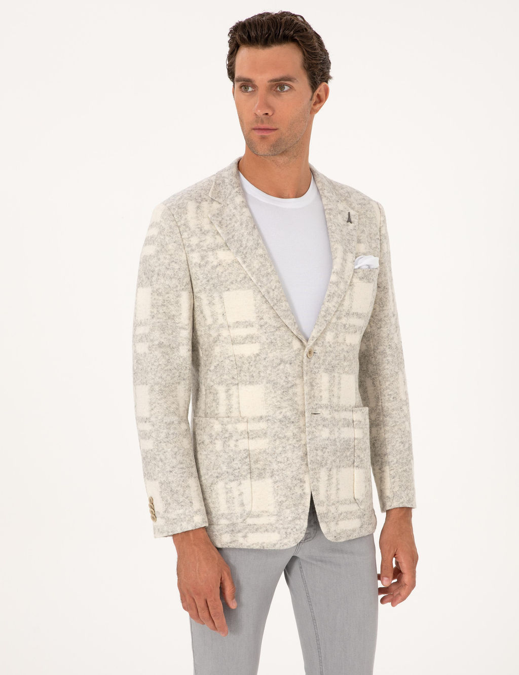 Beyaz Slim Fit Y_n Kar___ml_ Flanel Ceket