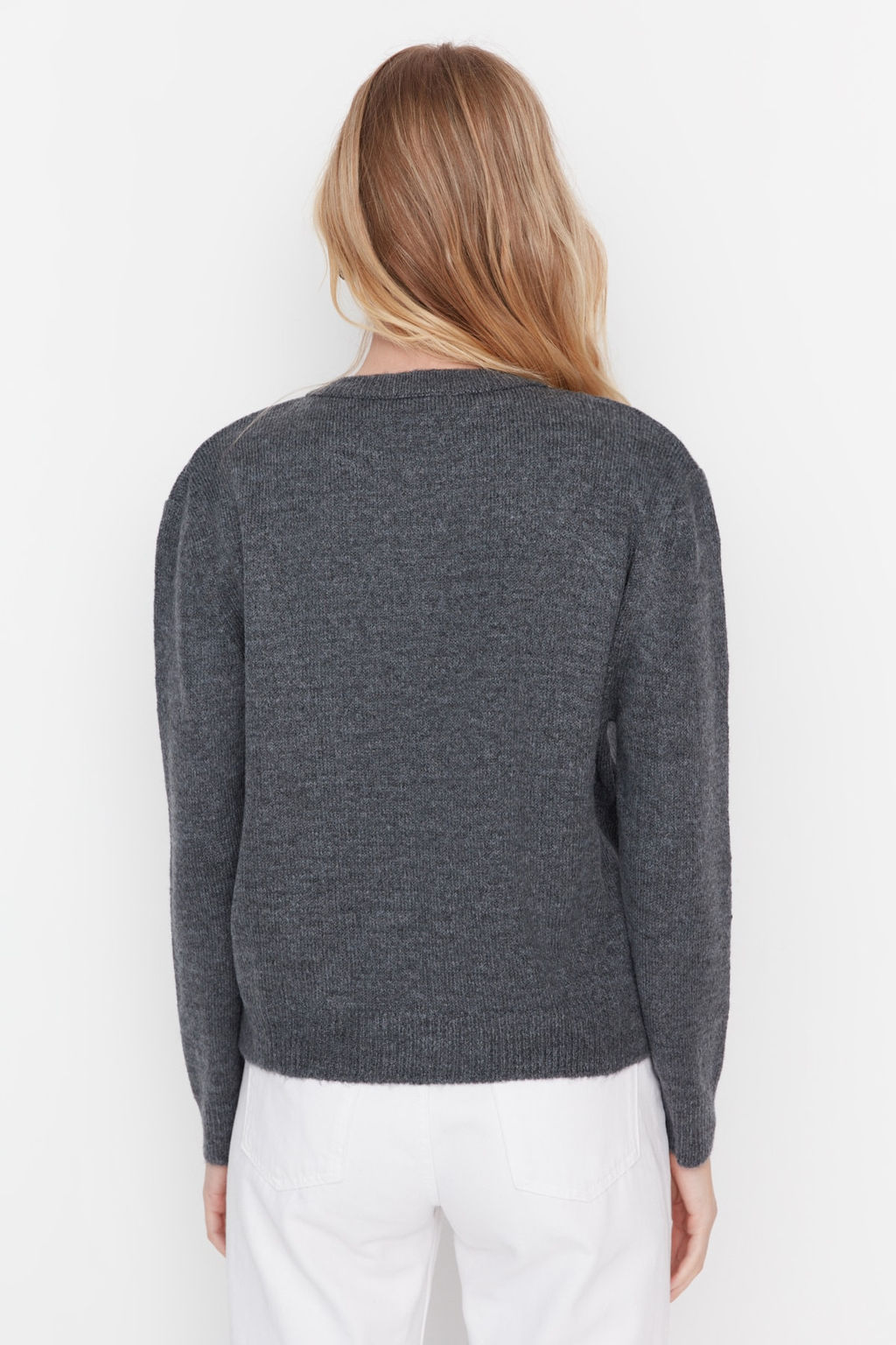 Antrasit Yumusak Dokulu Mucevher Dugmeli Ceket Gorunumlu Triko H?rka TWOAW22HI0044