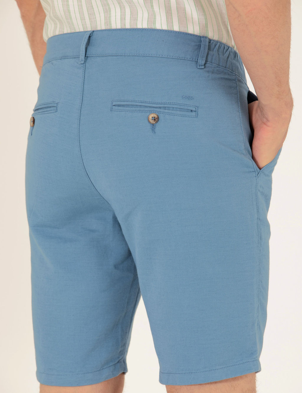 Koyu Mavi Slim Fit Keten Kar___ml_ Beli Lastikli Bermuda _ort