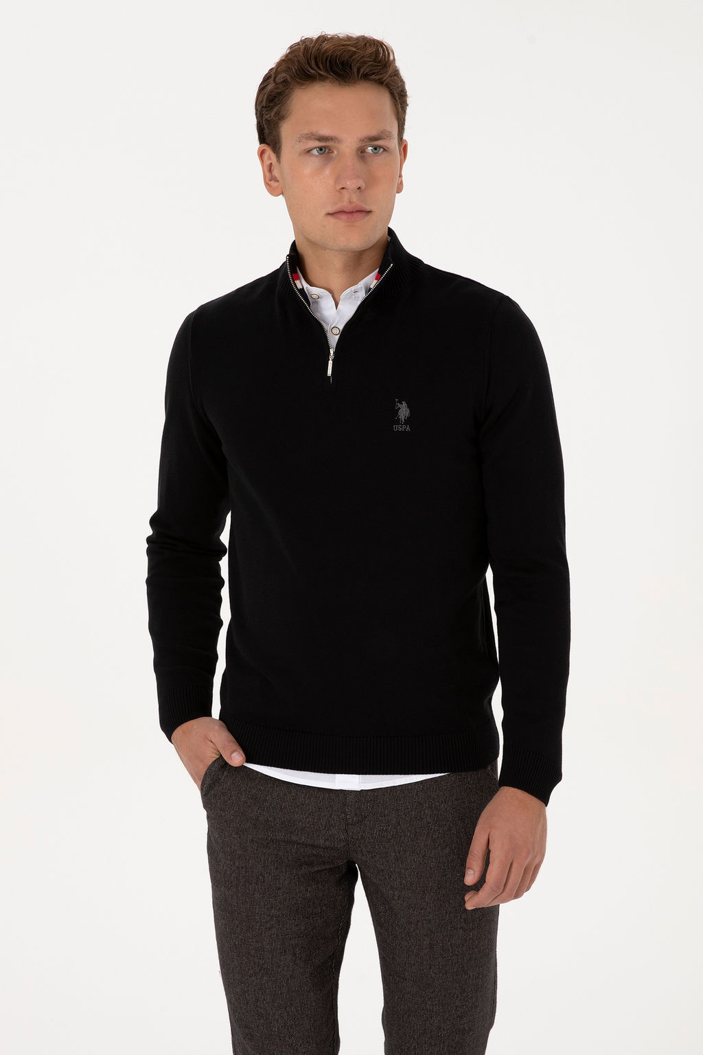 Erkek Slim Fit YarДm FermuarlД Siyah Kazak