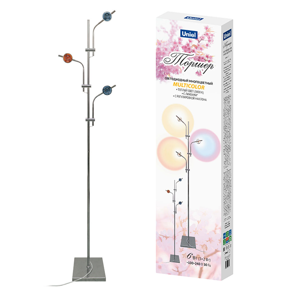 ULM-T641 3x2W/3000K CHROME MULTICOLOR Торшер напольный светодиодный, c регулировкой наклона, с линзами. Сменные светофильтры в/к. Механический выключатель. Металл. Хром. ТМ Uniel - Volpe фото 4