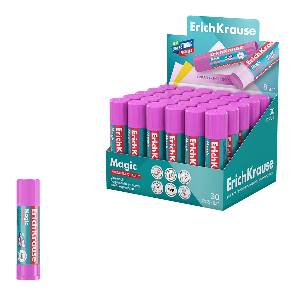 Цена за 30 шт. Клей-карандаш ErichKrause Magic, обесцвечивающийся после нанесения, 8г (в коробке-дисплее по 30 шт.)