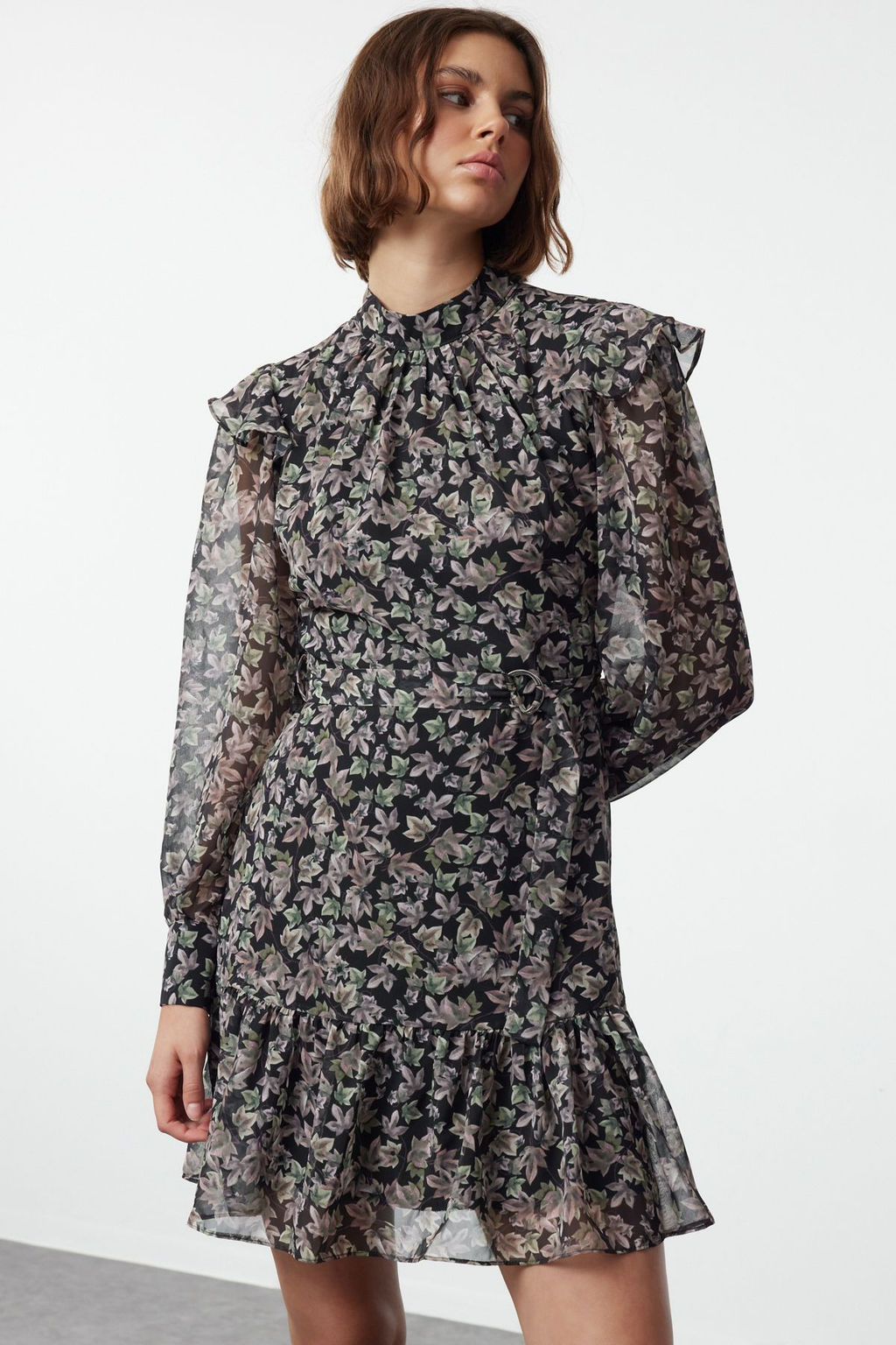 Trendyolmilla Lacivert Kusakl? Belden Ac?lan F?rf?r Detayl? Mini Astarl? Dokuma K?sl?k Elbise TWOAW24EL00740 фото 16