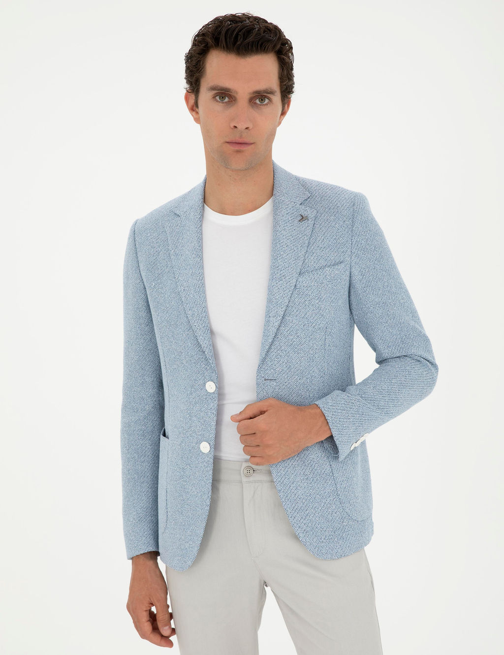A__k Mavi Slim Fit Keten Kar___ml_ Ceket