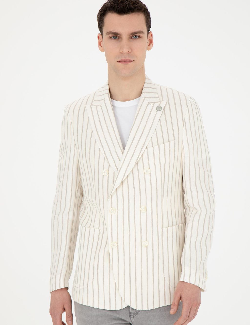 Ekru Slim Fit _izgili Keten Kruvaze Ceket