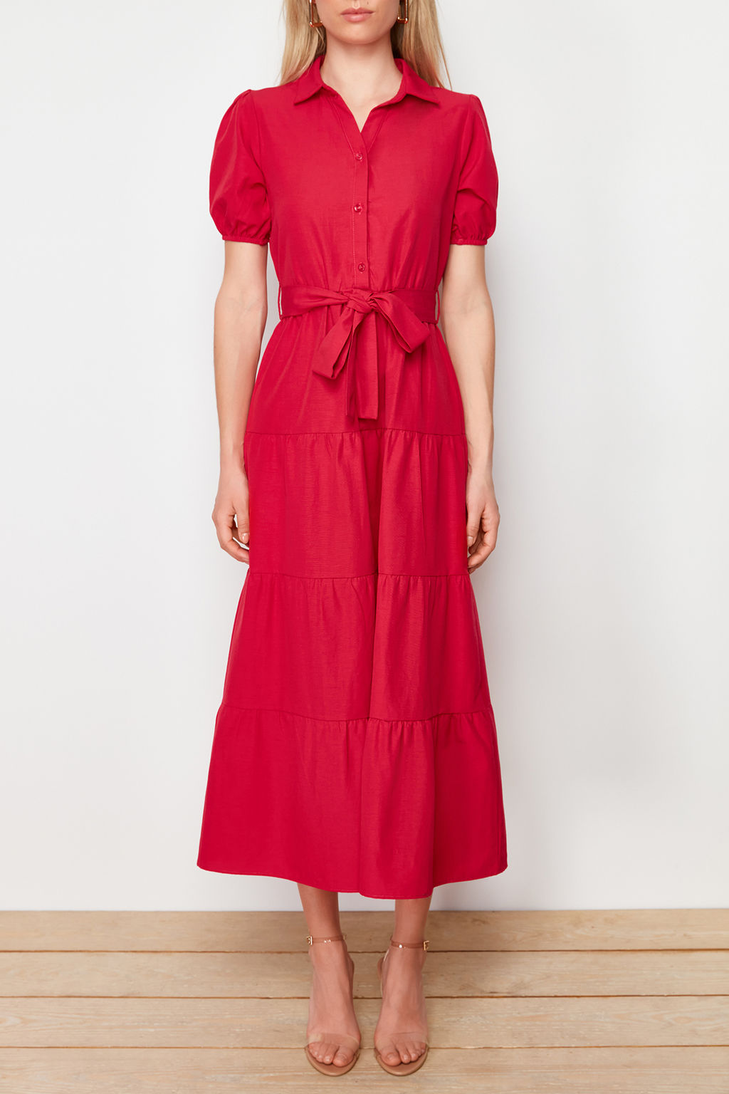 Fusya Genis Kesim Gomlek Yaka Maxi Dokuma Elbise TWOSS24EL00861