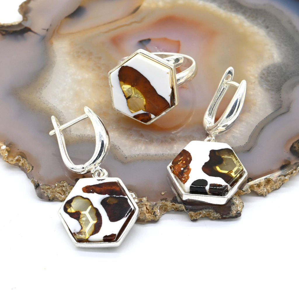 Серьги и Кольцо Соты 19*17мм с янтарём мозаика в посеребрении, 5,8г