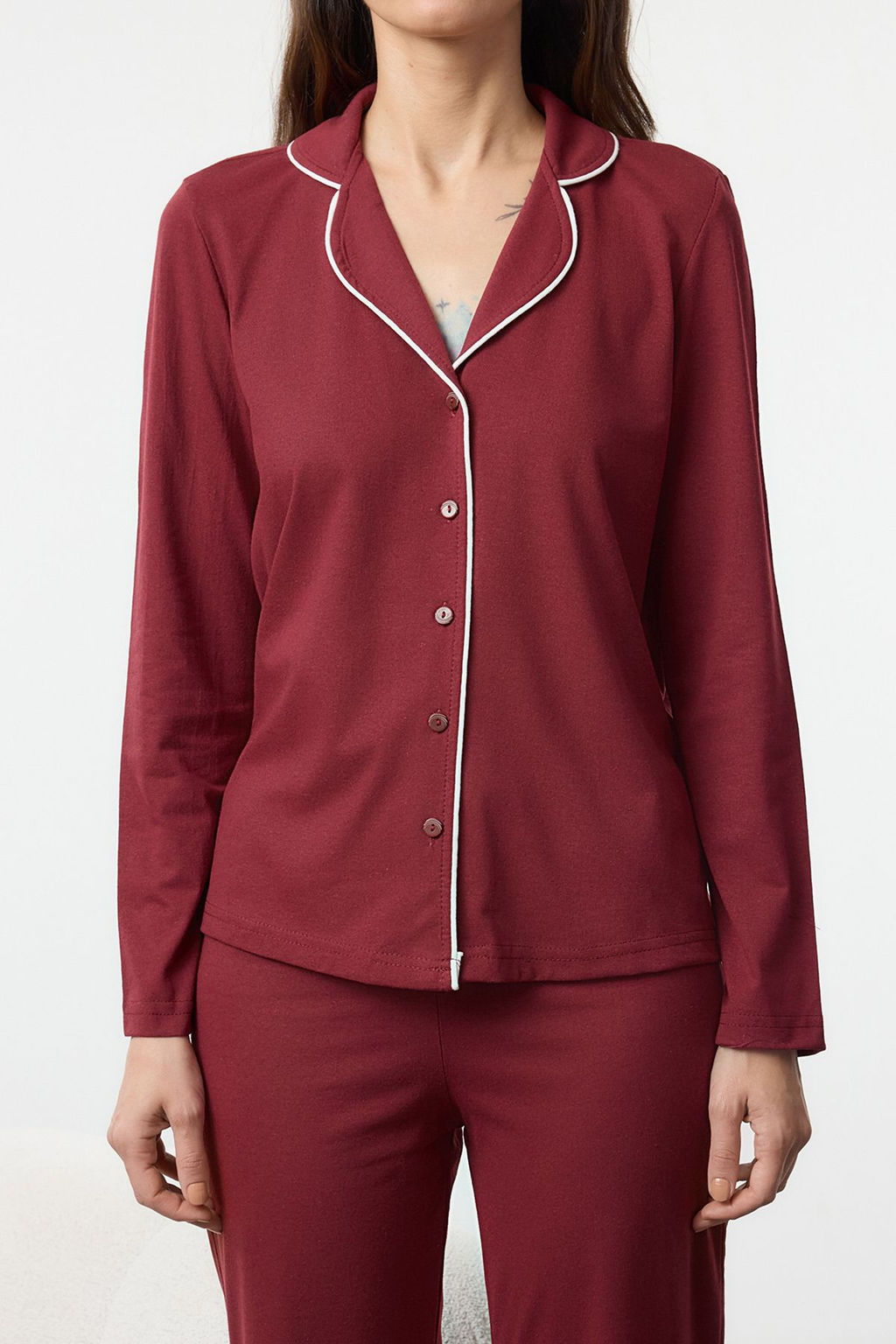 Bordo Biye Detayl? Orme Pijama Tak?m? THMAW25PT00199