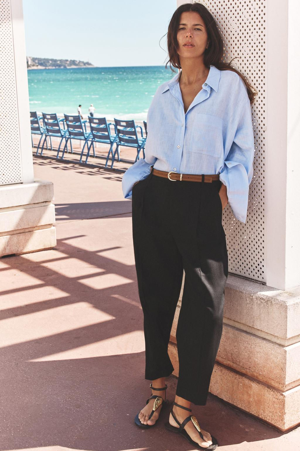 LINEN BELTED STRAIGHT-LEG TROUSERS
