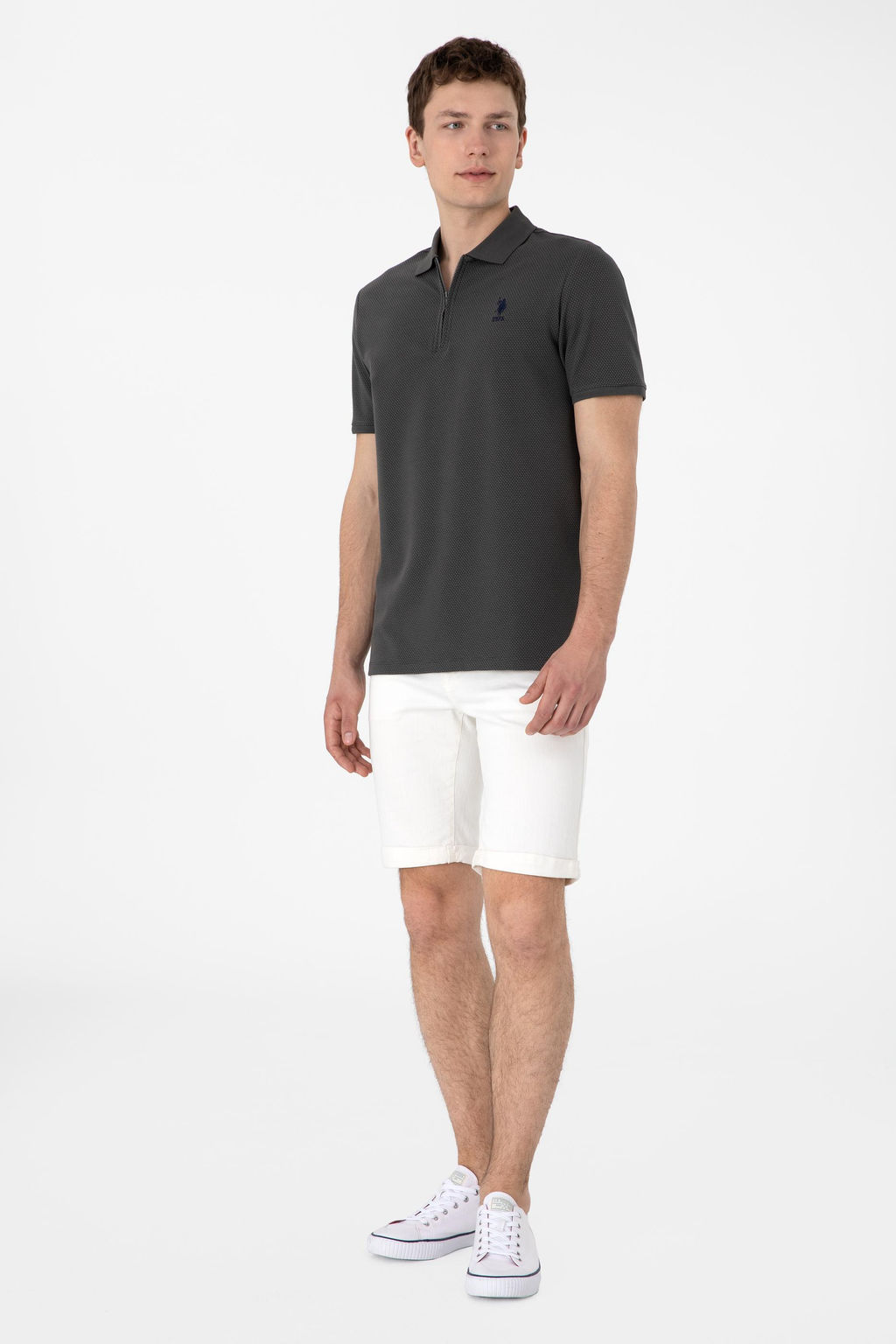 Erkek Regular Fit Fermuarl_ Antrasit Dokulu Ti__rt