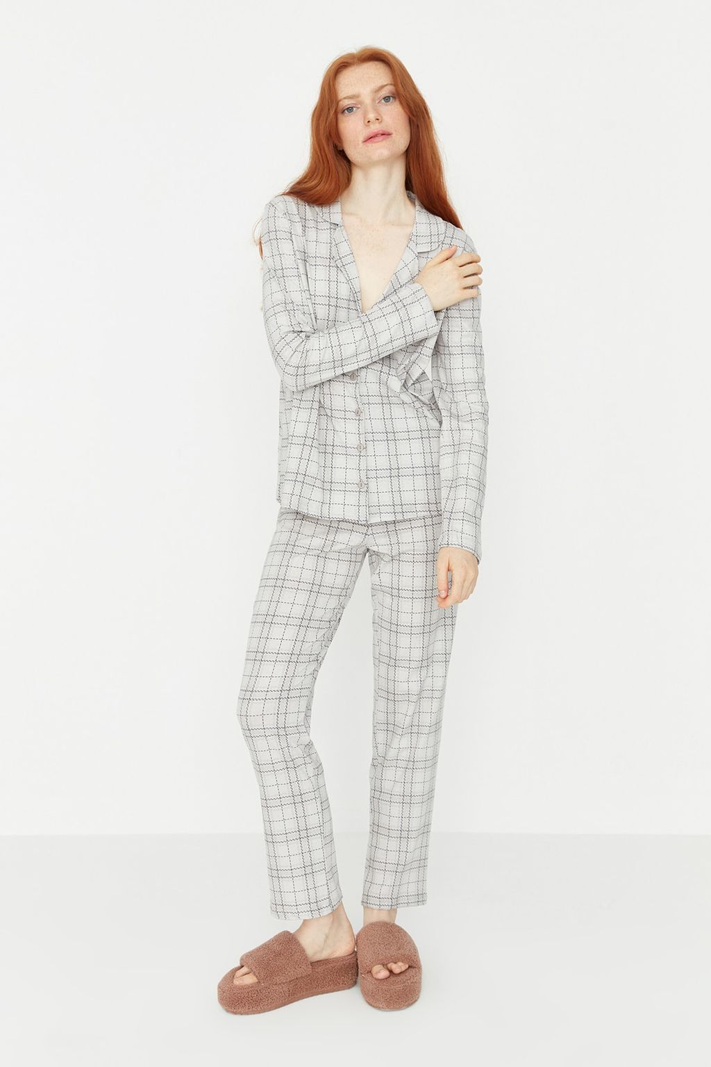Trendyolmilla Bej %100 Pamuklu Ekoseli Orme Pijama Tak?m? THMAW20PT0266