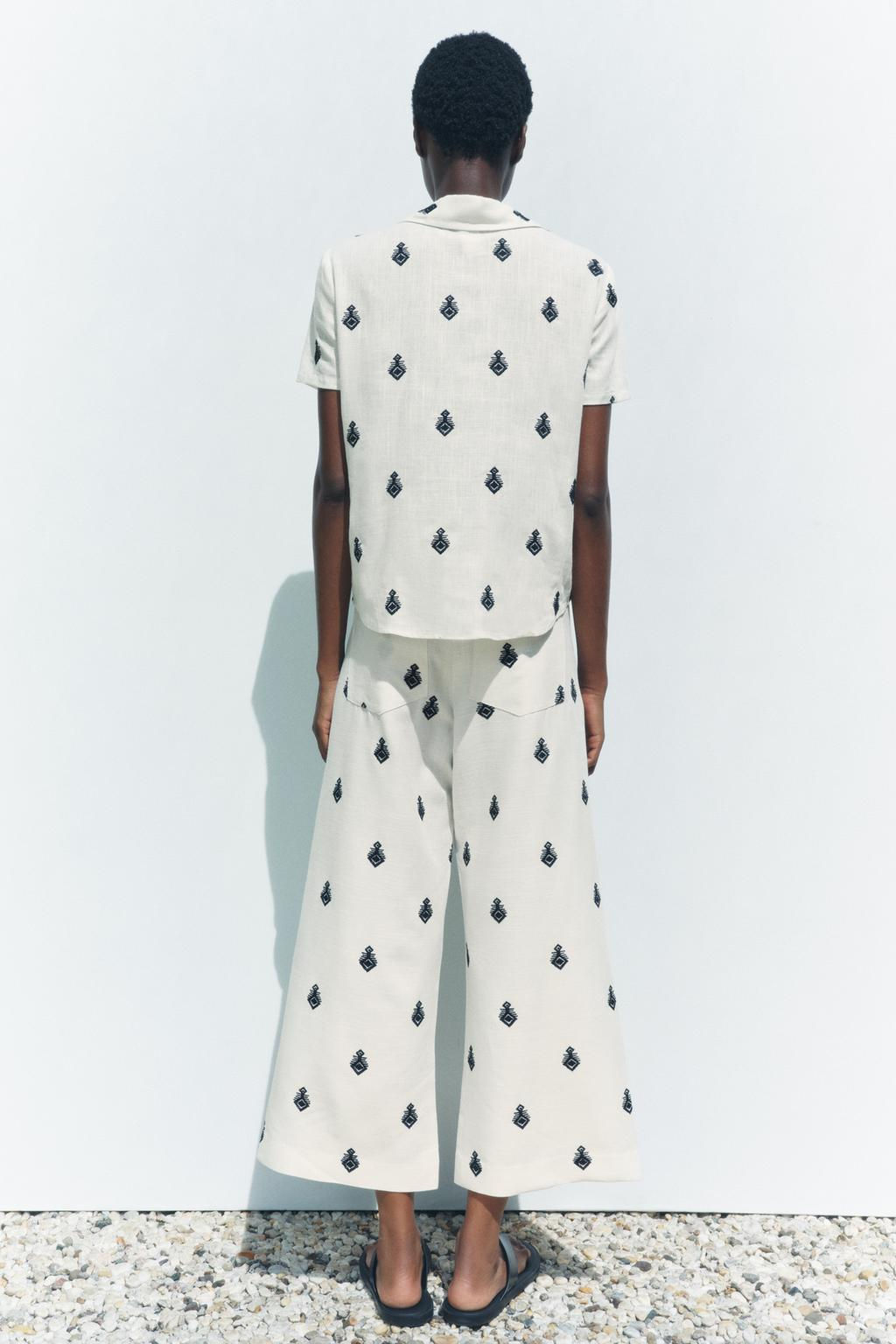ZW COLLECTION CONTRAST EMBROIDERY CULOTTE TROUSERS - Zara фото 16