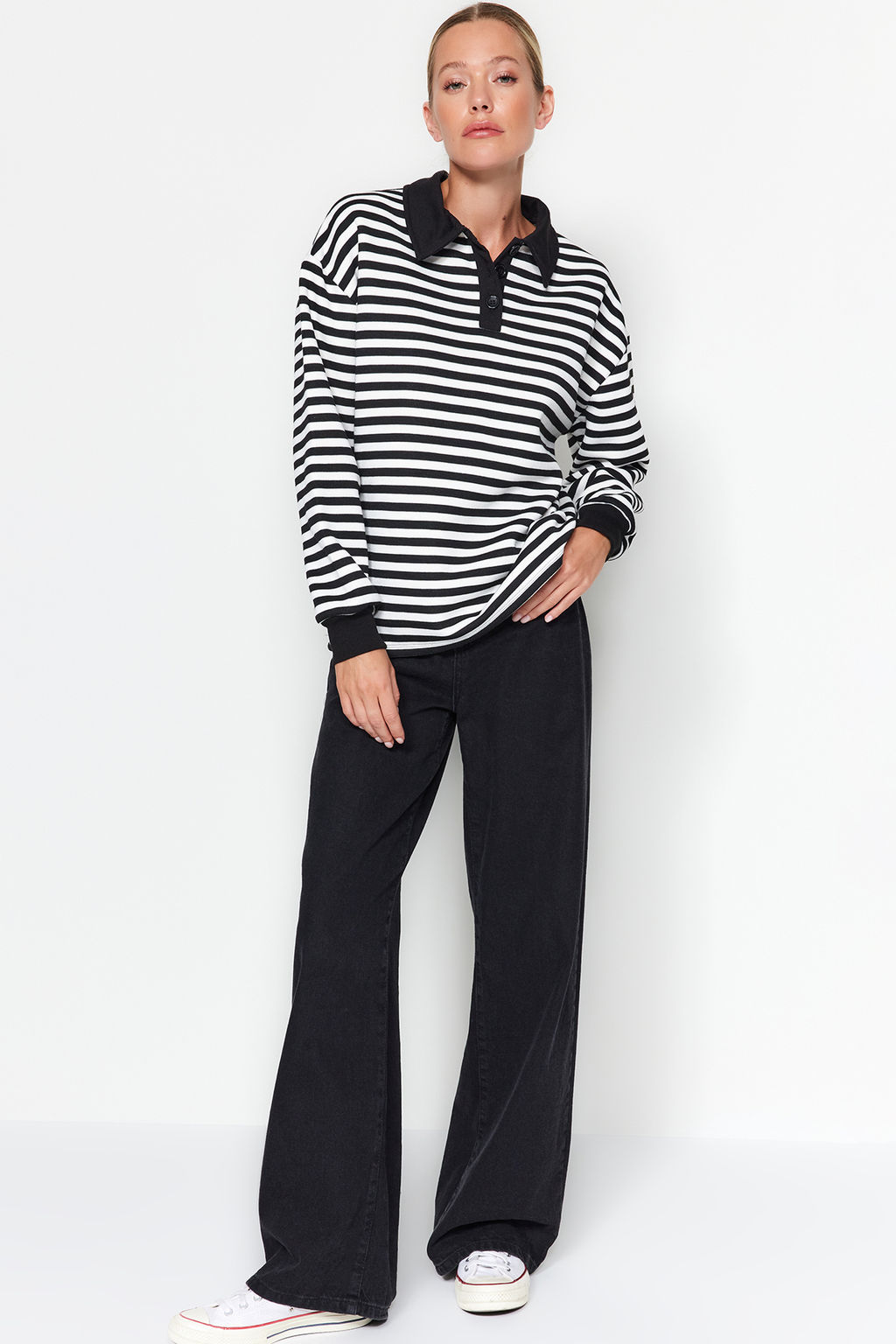 TRENDYOLMILLA Mavi Cizgili Polo Yaka Kal?n Ici Polarl? Oversize Orme Sweatshirt TWOAW24SW00344 фото 2