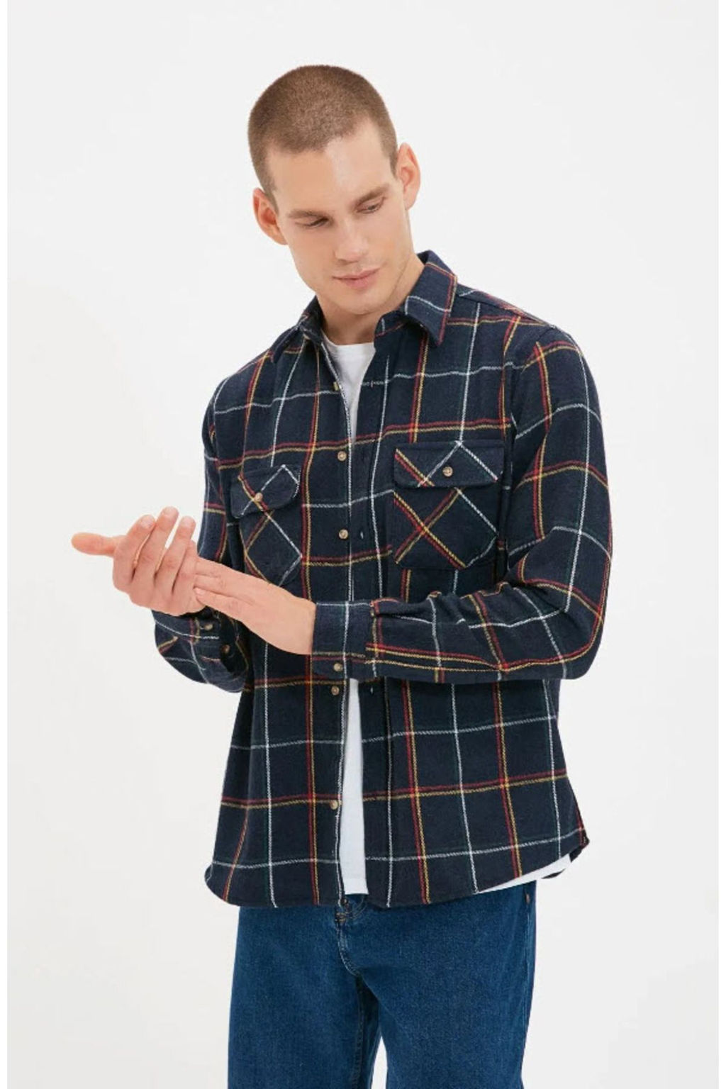 TRENDYOL MAN Lacivert Regular Fit Uzun Kollu Cift Cepli Oduncu Kareli K?sl?k Ceket Gomlek TMNAW20GO0485 - Trendyolmilla фото 5