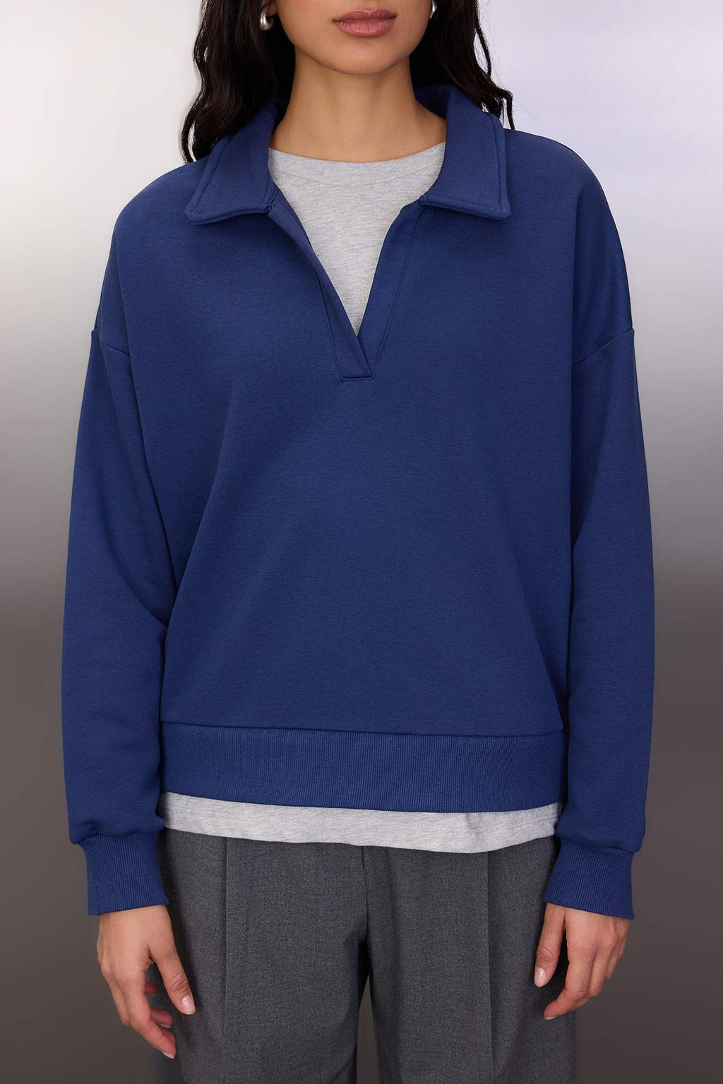 Lacivert Polo Yaka Cift Katl? Orme Sweatshirt TWOAW26SW00127