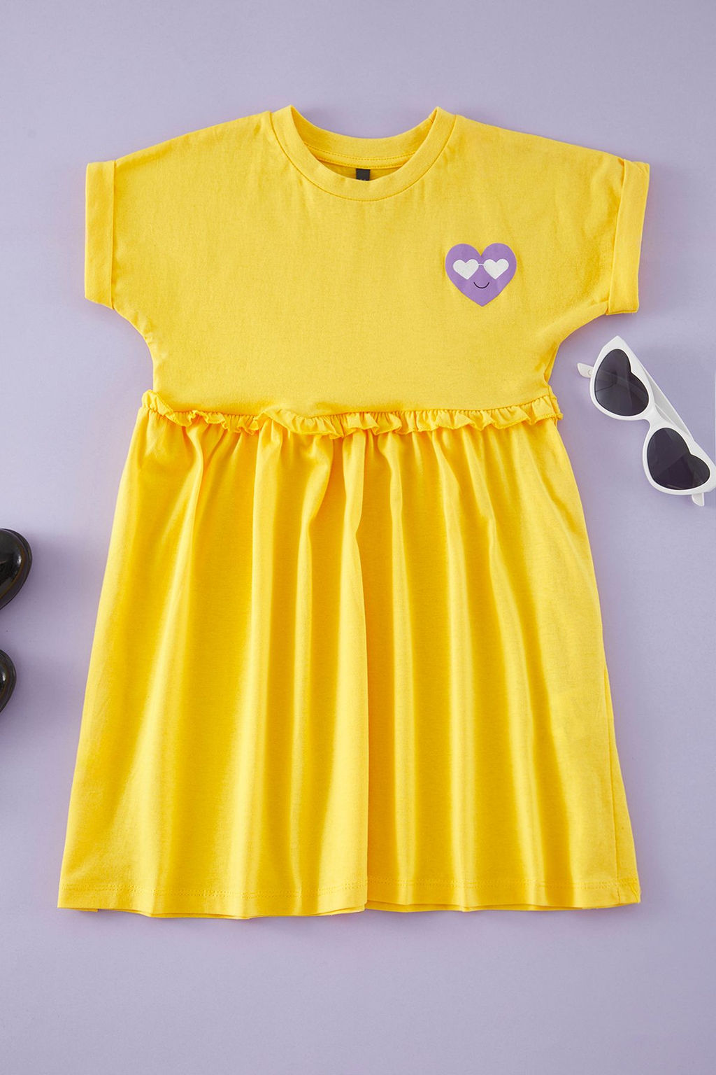 Sar? K?z Cocuk Kalp Desenli %100 Pamuk Mini Orme Elbise TKDSS25EL00012