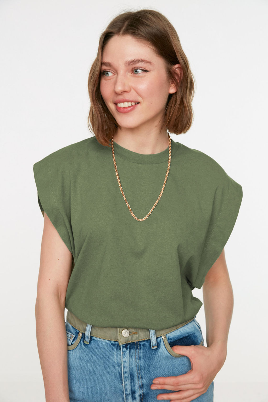 Haki %100 Pamuk Vatka Gorunumlu Basic Bisiklet Yaka Orme T-Shirt TWOSS20TS0021