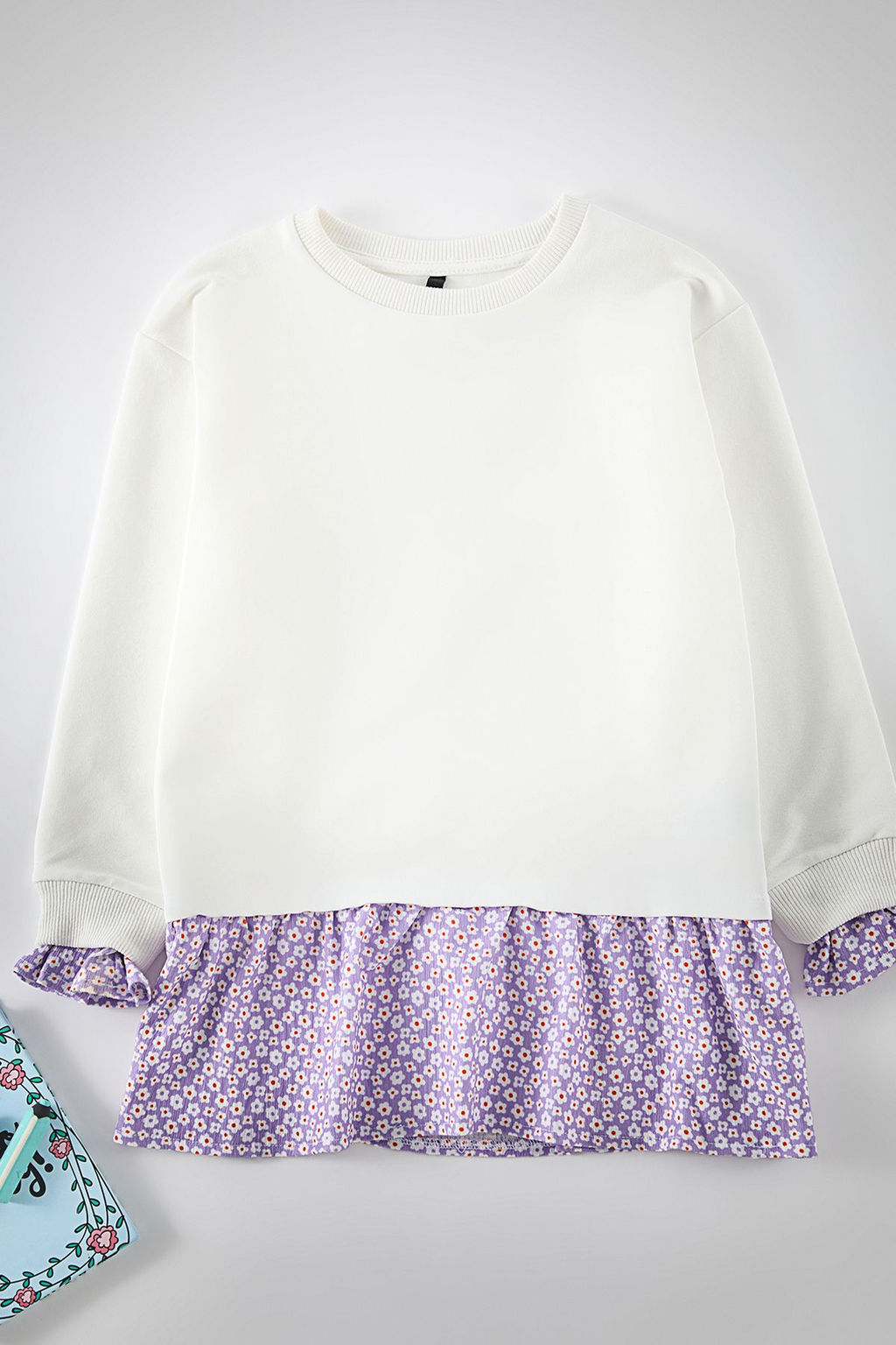 Ekru K?z Cocuk Cicekli Orme Sweatshirt TKDAW25SW00024