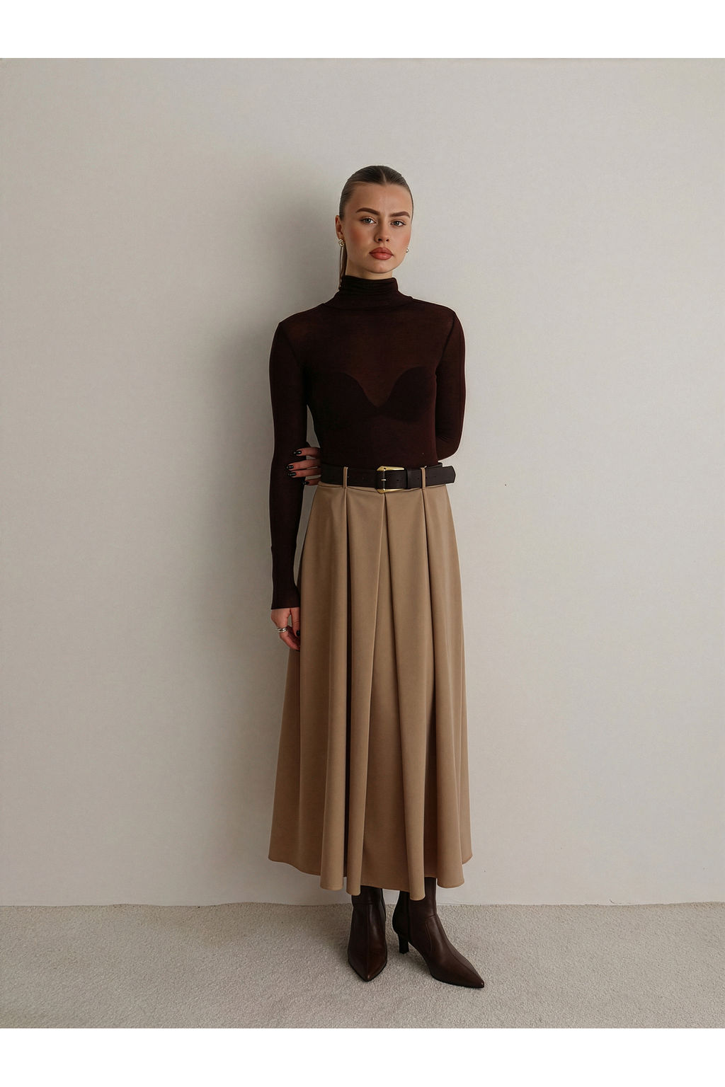 Bej Kemerli A-line Klos Dokuma Maxi Uzun Etek TWOAW26ET00168