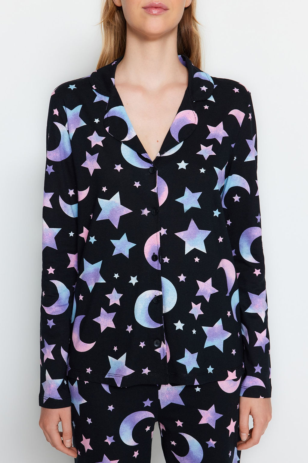 Trendyolmilla Siyah %100 Pamuklu Galaksi Desenli Gomlek-Pantolon Pijama Tak?m? THMAW24PT00109 фото 5