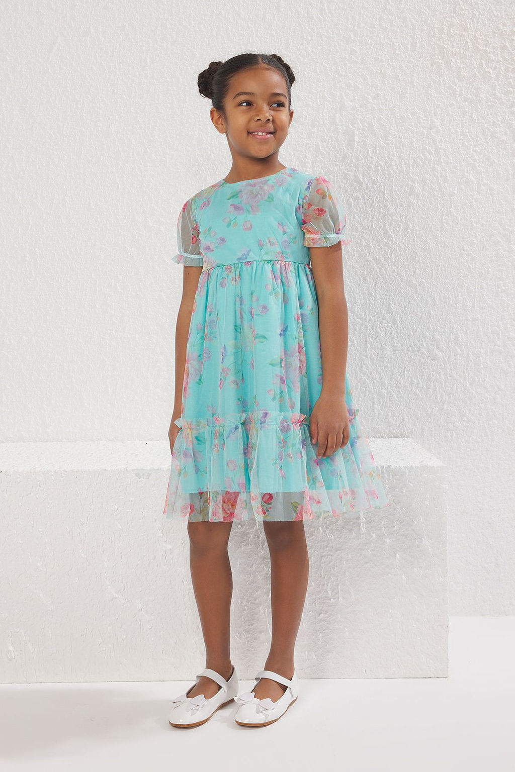 Mint K?z Cocuk Cicekli Balon Kol Bayraml?k Dokuma Elbise TKDSS25EL00027