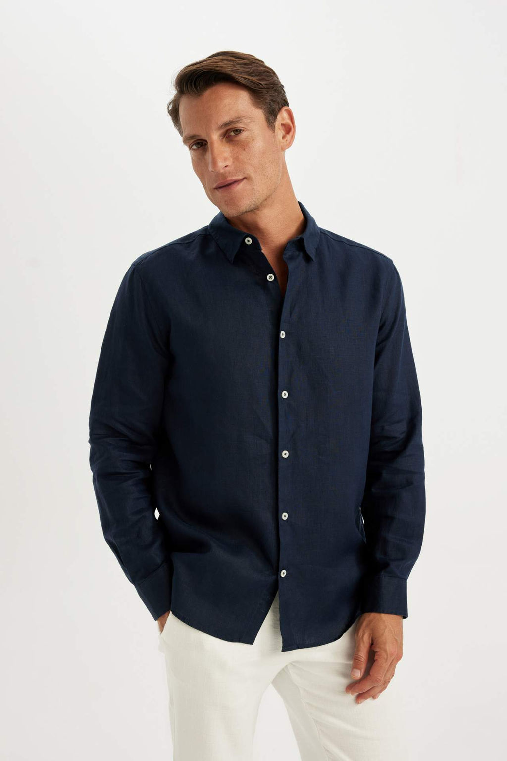 Regular Fit Polo Yaka Keten Uzun Kollu Gomlek - Defacto фото 5