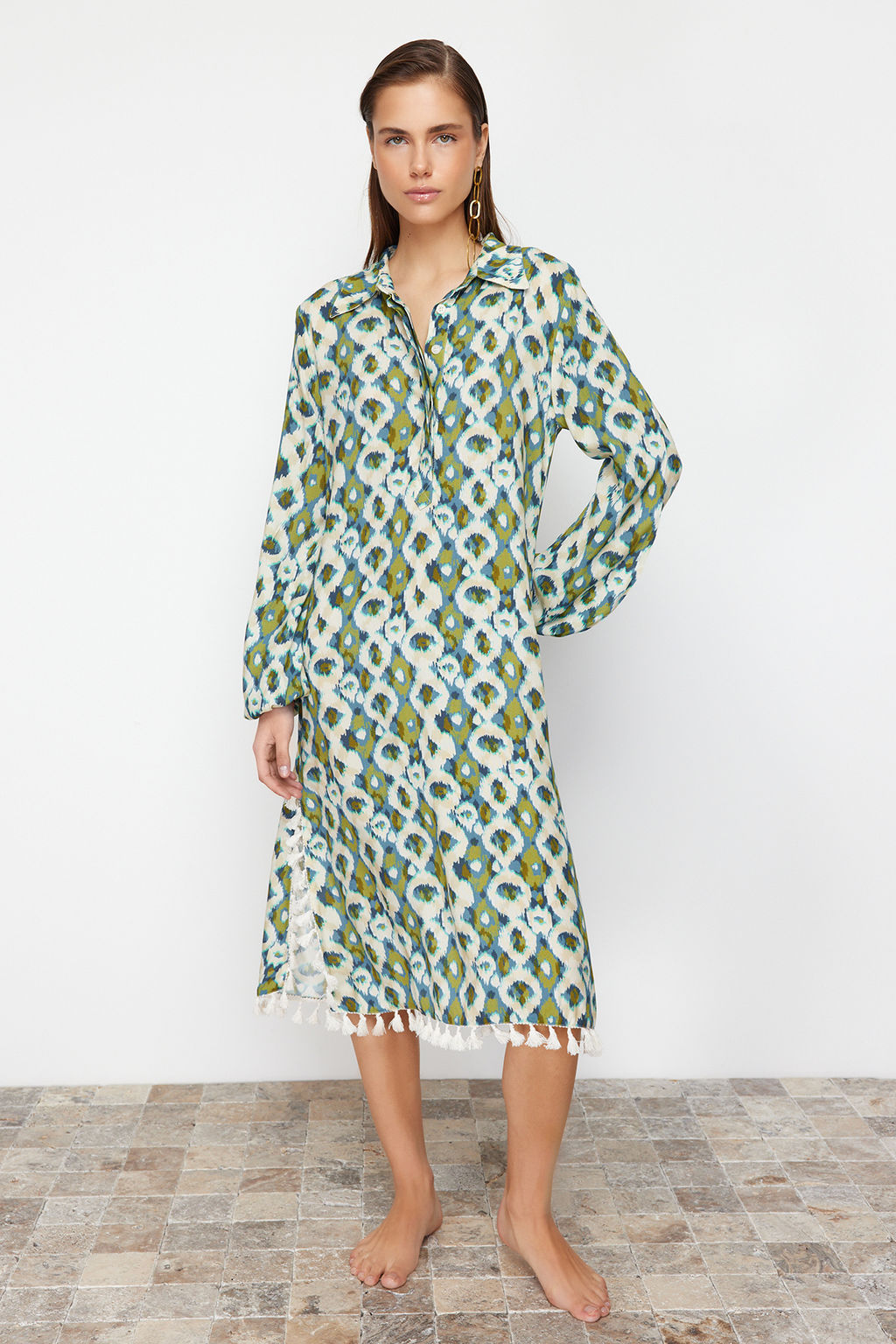 Geometrik Desenli Maxi Dokuma Puskullu Plaj Elbisesi TBESS24EL00105 - Trendyolmilla фото 4