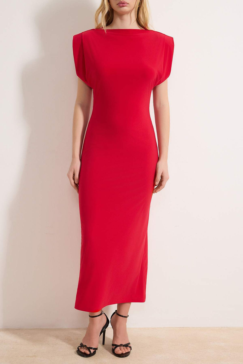 K?rm?z? Duz Vatkal? Drapeli Bodycone/Vucuda Oturan Esnek Orme Elbise TWOSS24EL00975
