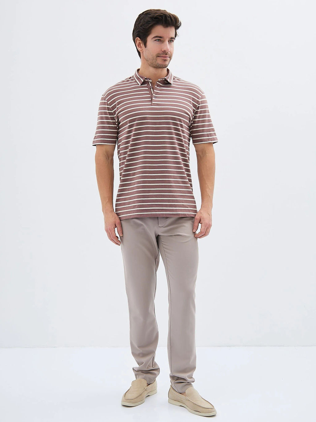 Джемпер мужской с воротником поло короткий рукав GREG G144-KD-HJ-02-4T (экрю полоска)