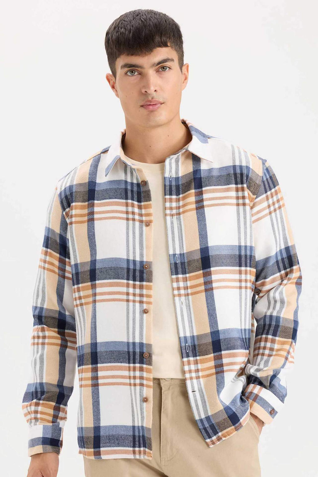 Regular Fit Polo Yaka Kareli Flanel Uzun Kollu Gomlek - Defacto фото 5