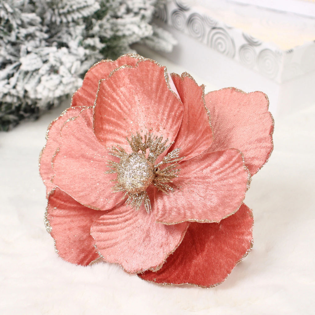 Цена за 2шт. Украшение новогоднее "Пуансеттия - Нежное прикосновение" 17 см, Розовое золото