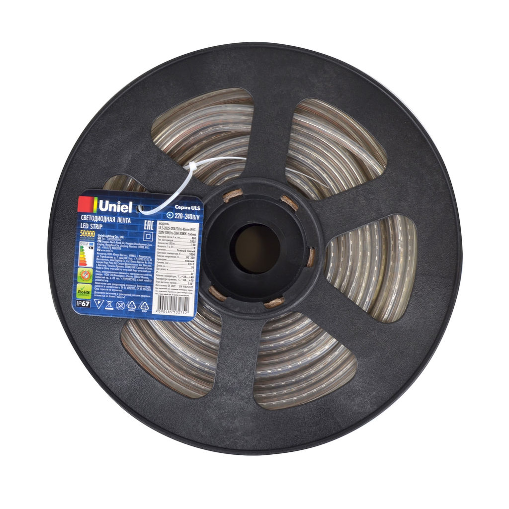 ULS-2835-120LED/m-10mm-IP67-220V-10W/m-50M-3000K Светодиодная гибкая герметичная лента. Бобина 50 м. Теплый белый свет (3000K). TM Uniel.