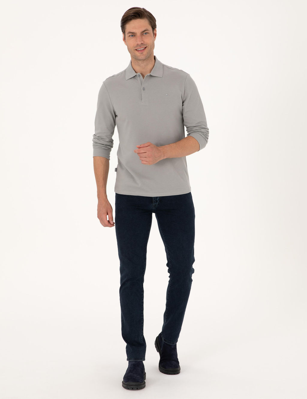 Gri Slim Fit K_vr_lmaz Polo Yaka Basic Pike Sweatshirt