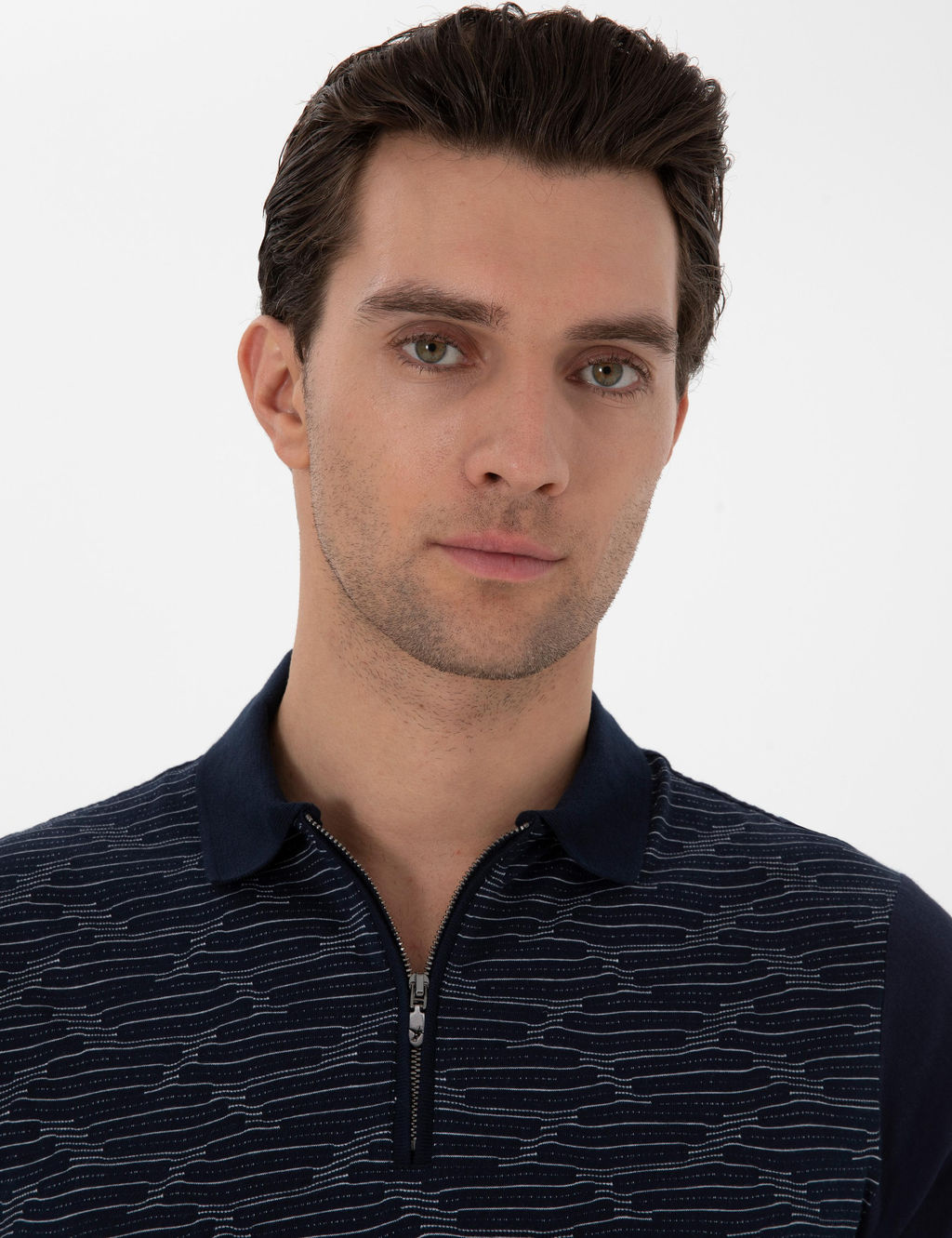Lacivert Regular Fit Fermuarl_ Polo Yaka Desenli T-shirt