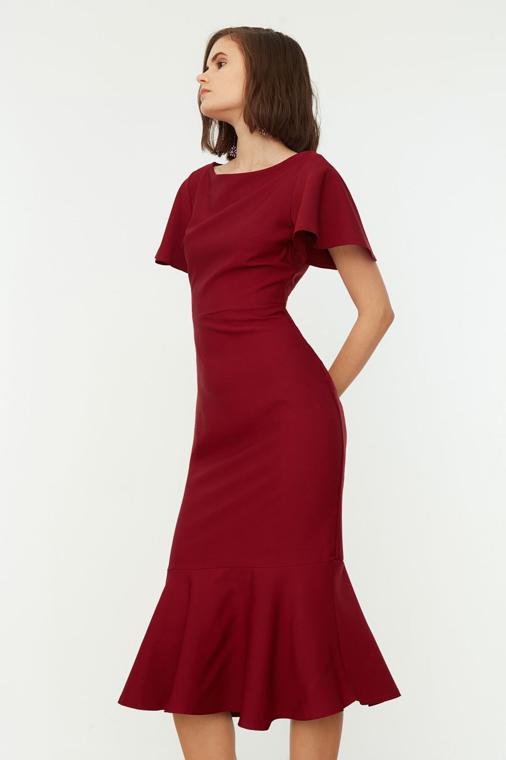 TRENDYOLMILLA Beyaz Fitted/Vucuda Oturan Volanl? Astarl? Midi Dokuma Elbise TWOSS20EL1342  фото 4