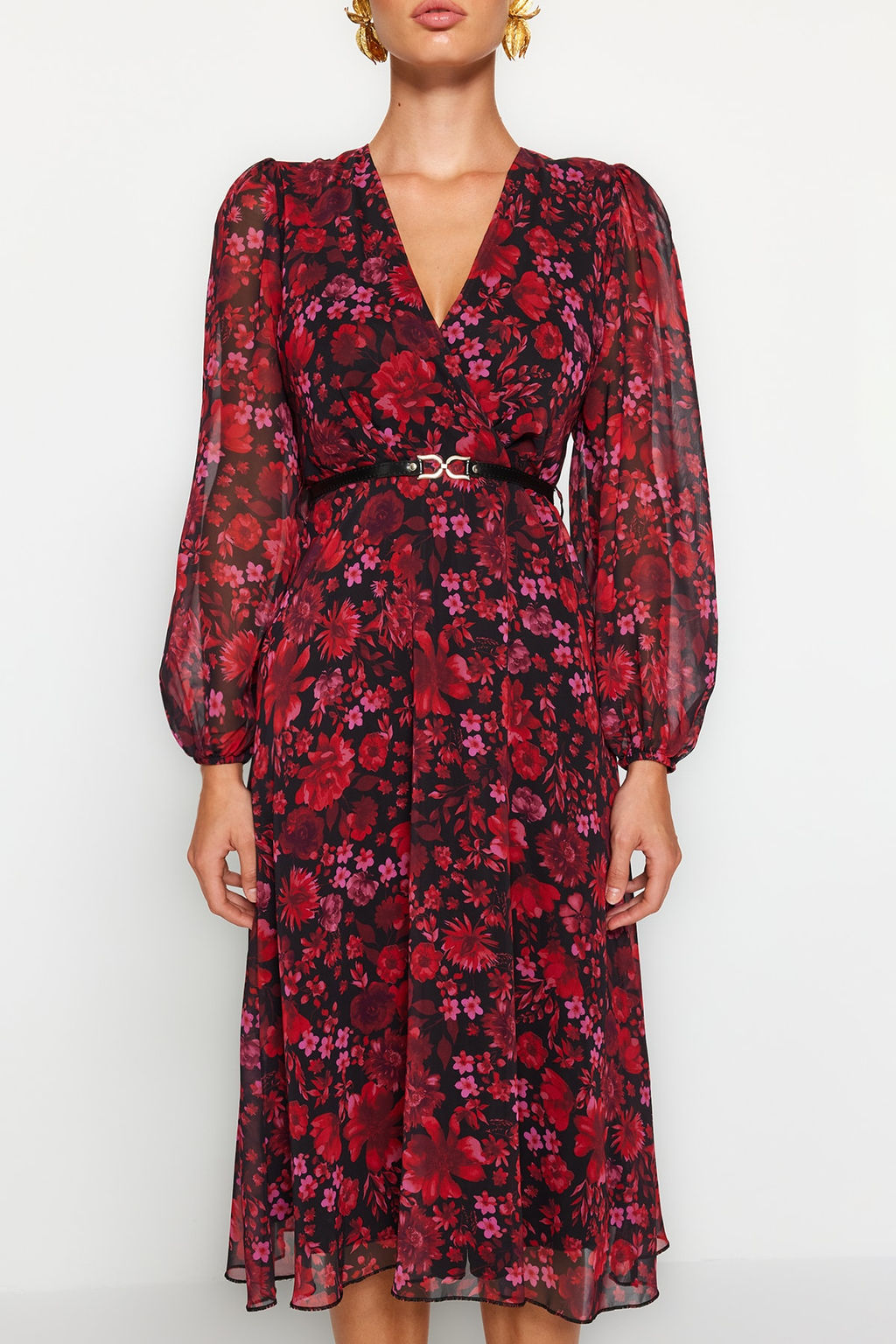 TRENDYOLMILLA Bordo Kemerli A Kesim Midi Kruvaze Yaka Desenli Sifon Dokuma Elbise TWOAW24EL00660  фото 13