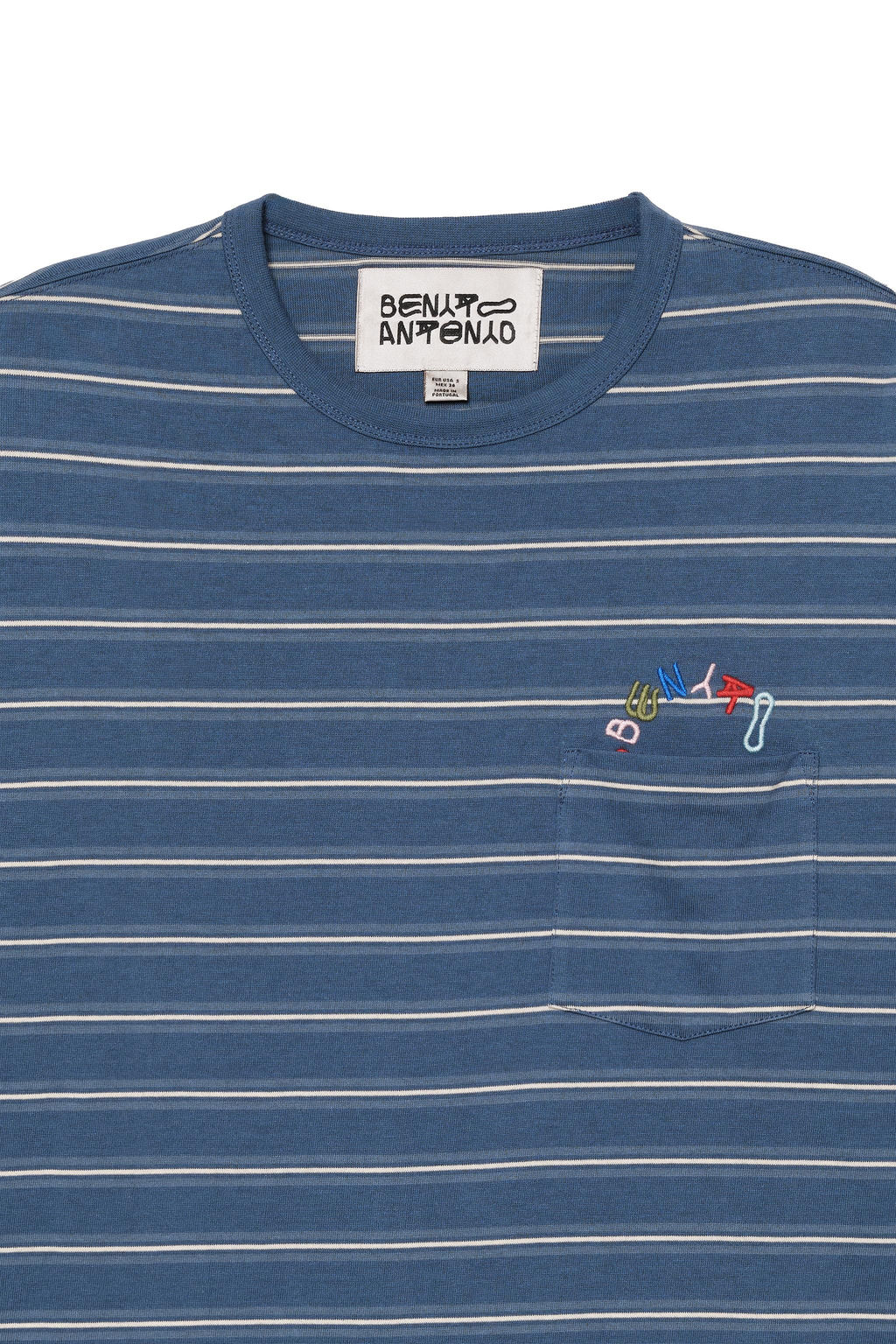 CAMISETA RAYAS BOLSILLO BORDADOS / Azules