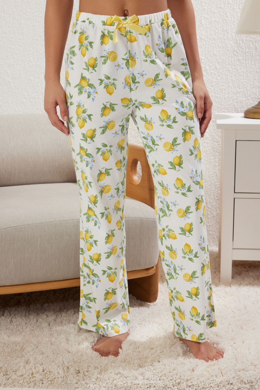 Trendyolmilla Sar? Limon Desenli Fitilli Orme Pijama Tak?m? THMSS25PT00122
